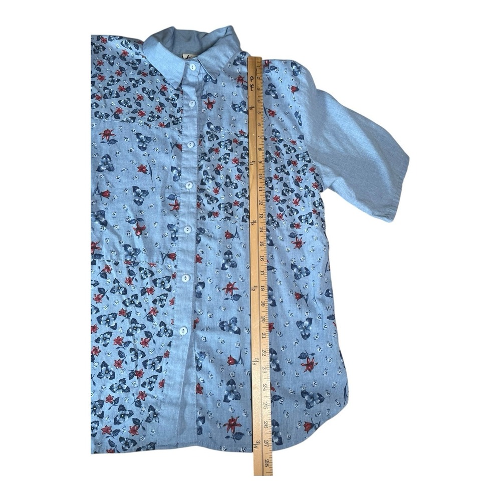 Women's Vintage Tapestry Button Down T Shirt Blue Floral Pattern - Picture 7 of 10